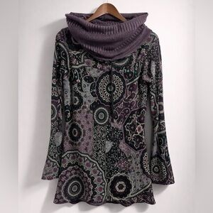 Elegant Purple Patterned Cowl Neck Sweater